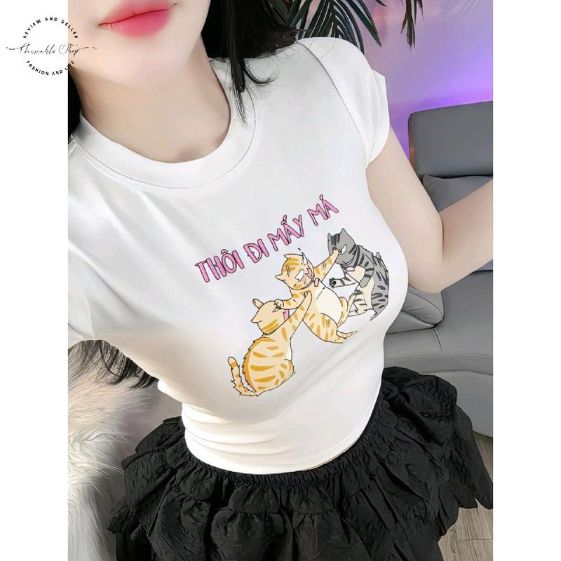 Áo Thun Croptop Thun Borip Form Basic Ôm Body In Hình Three Cat "Thôi Đi Mấy Má" Nữ Women Cổ Tròn Valentine 14/2 Dáng Ngắn 6