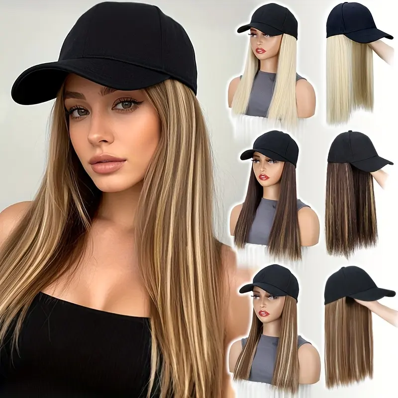 A Stylish And Practical All-In-One Design for Women Featuring a Synthetic Hat Wig with Long, Straight Black Hair And a Baseball Cap Hair Extension.
