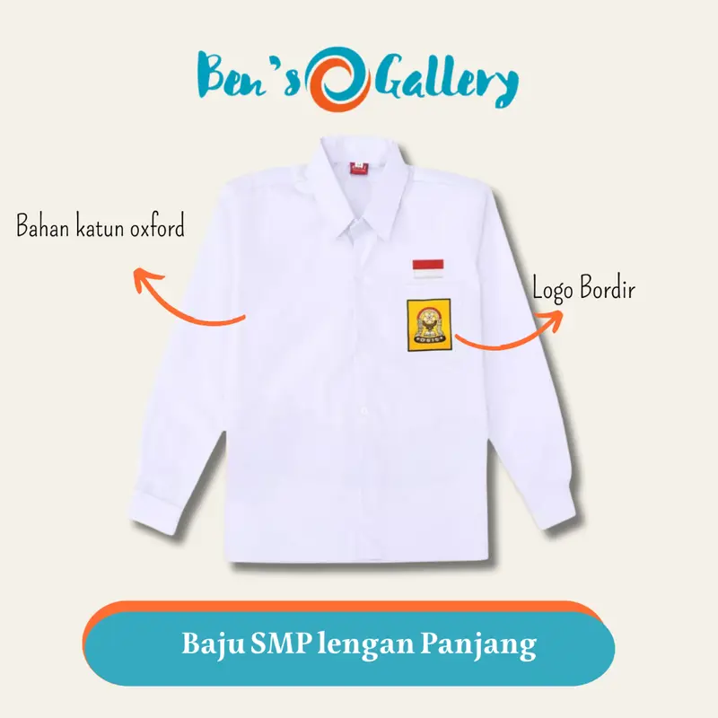 Baju Seragam Sekolah OSIS Putih SMP SMA Lengan Panjang Anak Laki Laki Perempuan Wanita, Fashion Bordir 1