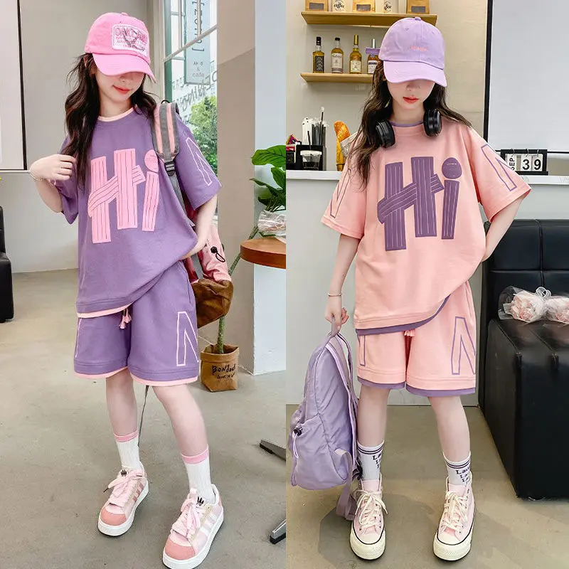 Bộ Đồ Thể Thao Cho Bé Gái, Thời Trang Mới Mùa Hè, Ngắn Tay, Thích Hợp Cho Phụ Nữ Và Trẻ Em Lớn Tuổi, Bộ Hai Mảnh Đi Chơi, Mùa Hè
