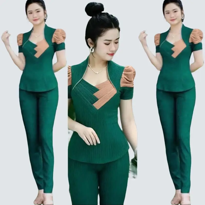 Bộ đồ phối chéo 2 bên tay áo ngắn nhún viền bo, quần ống ôm X111 - Chất liệu Thun xốp nhật co giãn bốn chiều cân đối SEO 0
