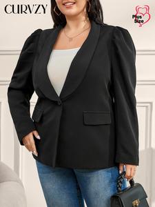 CURVZY Plus Size Shawl Collar Button Front Blazer, Elegant Puff Sleeve Long Sleeve Outerwear for Work Office Business, Women's Clothes for Fall & Winter