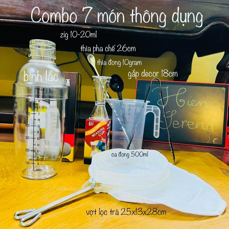 Combo dụng cụ pha chế 7 món thông dụng - bình lắc, vợt lọc trà cỡ bé, thìa bar 26cm, gắp 18cm, thìa 10g, ca 500ml, zigger nhựa 10-20cc, chất liệu nhựa PP và inox 304 sáng đẹp