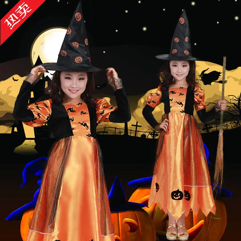 Kostum Kanak-kanak, Tema Halloween, Kostum Labu Perempuan, Cosplay Penyihir Kecil, Pakaian Mewah, Sesuai untuk Persembahan Bola, Bermain Cosplay, Kostum Halloween