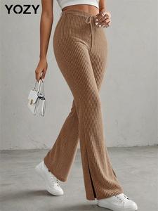 YOZY Women's Solid Drawstring Waist Split Hem Flare Leg Pants, Casual High Waist Bell Bottom Trousers for Fall & Winter, Women's Bottoms for Daily Wear