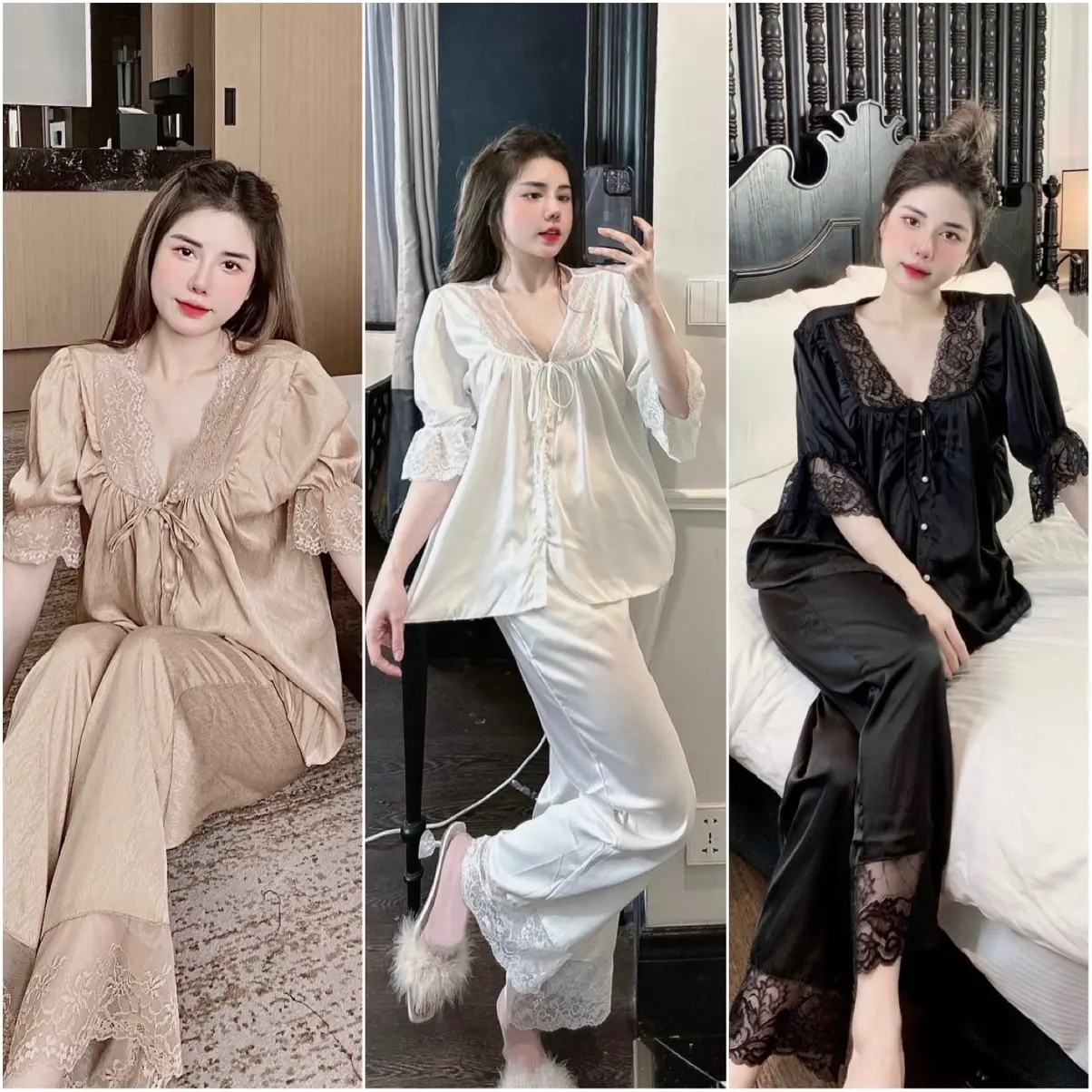 Sét đồ ngủ pijama tay ngắn phối ren kiểu dáng tiểu thư chất lụa latin mềm mịn siêu mát (freesize 40-60kg) Áo Nâu Voi Nhung Sen