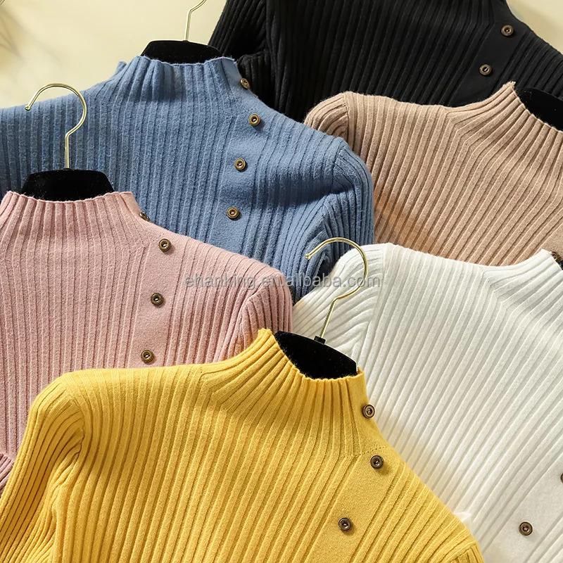 Product Introduction of K105 Women Knitted Slim Sweaters Solid Knitted Female Cotton Soft Elastic Color Pullovers Button Full Sleeve Turtleneck 2