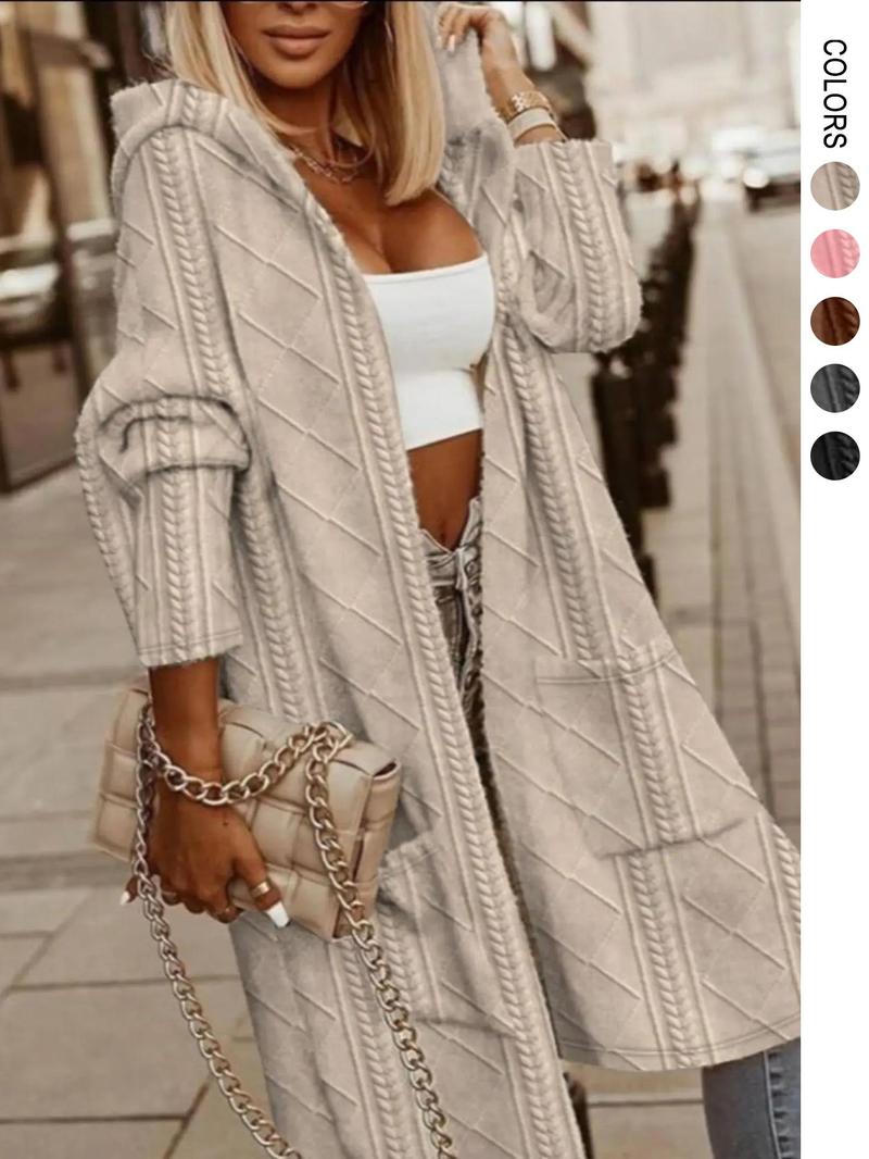Product Introduction of Plus Size Solid Pocket Drop Shoulder Hooded Jacket, Casual Long Sleeve Open Front Outerwear for Fall & Winter, Women's Clothes for Daily Wear Valentine's Day, gift 2