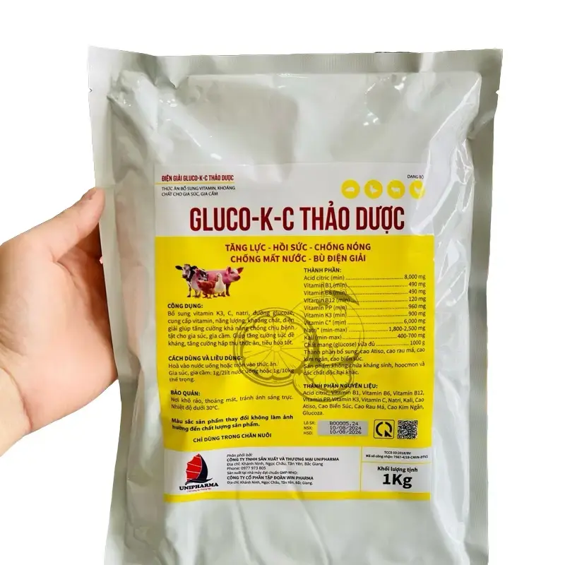 Điện giải chống nóng, giải nhiệt, tăng lực, gluco K-C thảo dược gói 1kg cho vật nuôi