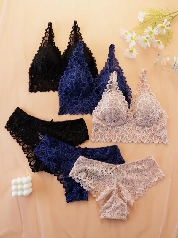 Women's Simple Contrast Lace Wireless Bra & Bow Panty Set, Lady Adjustable Spaghetti Strap Bralette & Knicker, Comfort Summer Clothes, Lingerie & Underwear Set, Underwear for Women, Co Ords for Women Womenswear Comfortable 5