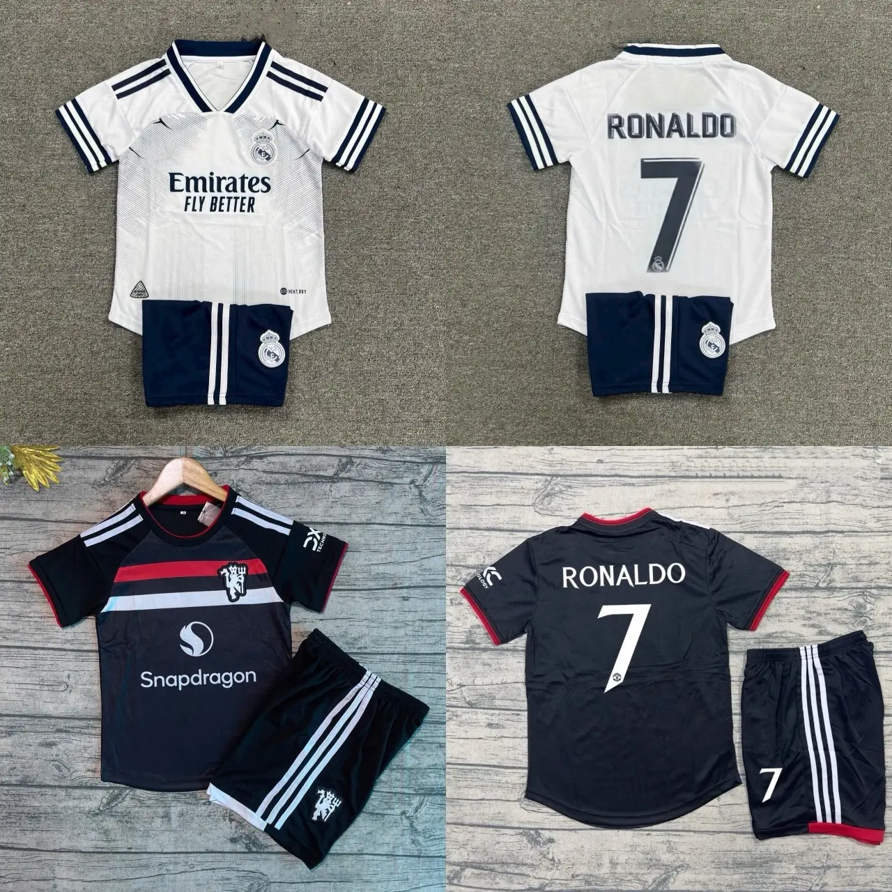 Bộ đồ bóng đá trẻ em Real-MU in tên Ronaldo- vải mè thái cao cấp