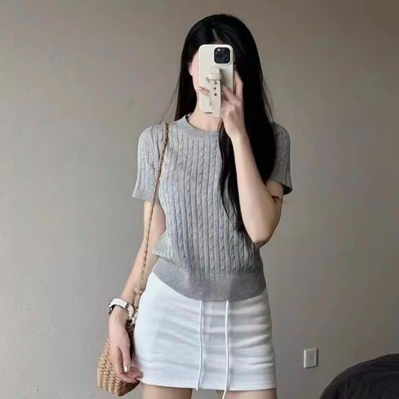 Áo Cộc, Áo Len Kiểu Tay Ngắn Cổ Tròn Vặn Thừng Phối Siêu Sang Chất Liệu Nhẹ Nhàng Mát Mẻ Cam Closet Nữ Women áo  len