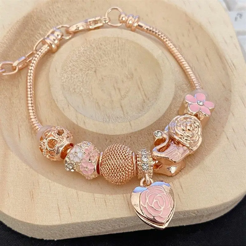 Swan Rose Heart Bracelet Best Friend Beaded Bracelet Versatile Pink Bracelet for Women Gift for Girlfriend Best Friend