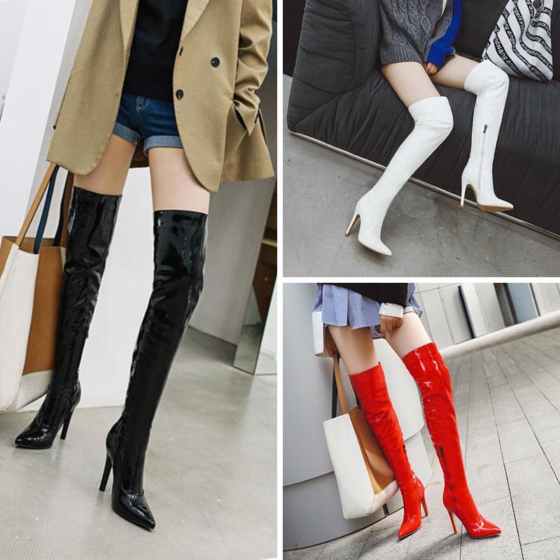 Giày boot nữ cổ cao ngang đùi màu ĐEN/ TRẮNG/ ĐỎ da bóng MŨI NHỌN- GÓT NHỌN 11cm thanh dáng GCC29