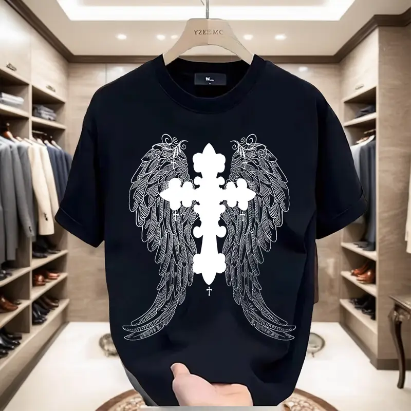 Áo Thun Nam, 100% Cotton, ngắn Tay, In Hình Đôi Cánh Thiên Thần, Dáng Rộng Vừa Vặn, Thoải Mái 1