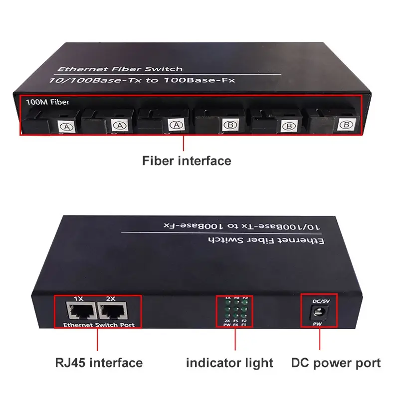 Media Converter 10M/100M 6 Port FO 2 Port LAN Ethernet Fiber Switch Optical Media Converter 2 RJ45 Dengan EU Adapter 4