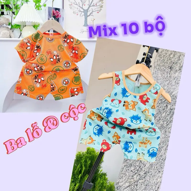 [MIX 10 bộ] bộ quần  áo CỘC TAY + BA LỖ chất tăm lạnh cho bé 5-16kg nhiều hoạ tiết xinh cho cả bé trai và gái (Sandal)