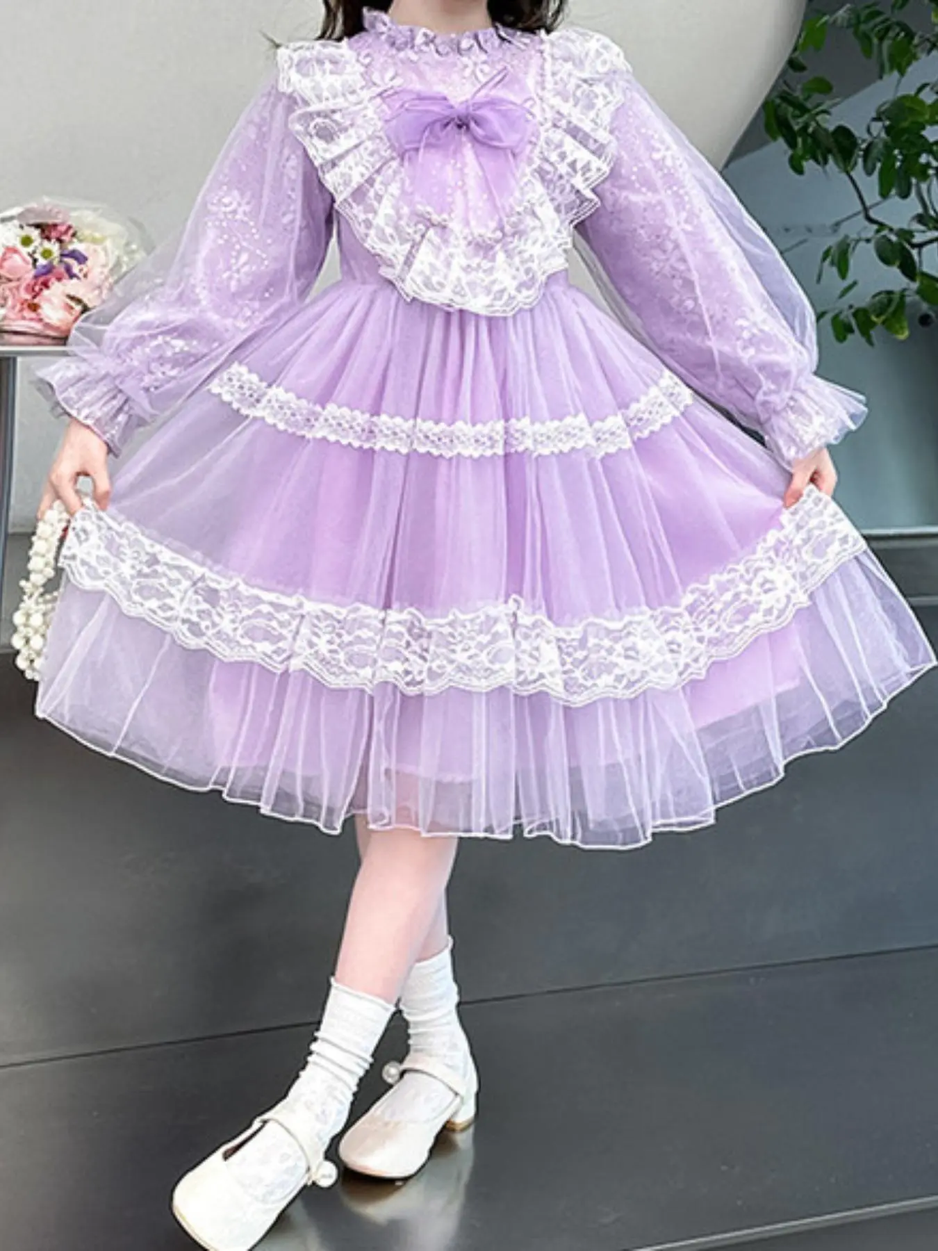 Girl's Patchwork Lace Trim Embroidery Tulle Dress, Elegant Contrast Mesh Long Sleeve Dress for Party Wedding Guest, Kids Clothes for Summer