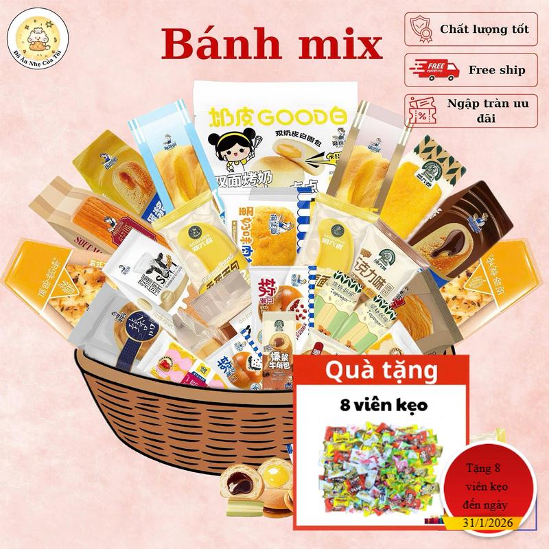  Bánh Mix Thùng 3,3kg - Combo Đầy Đủ Vị Mặn Ngọt Chà Bông Trứng Muối Phô Mai Kem Sữa . có cả bánh mì bánh bông lan  mochi và nhiều loại bánh khác  - Hạn Dùng 3-6 Tháng .Hình ảnh chỉ mang tính chất minh hoa thùng đồ ăn vặt,combo đồ ăn vặt bánh kẹo đủ loại 