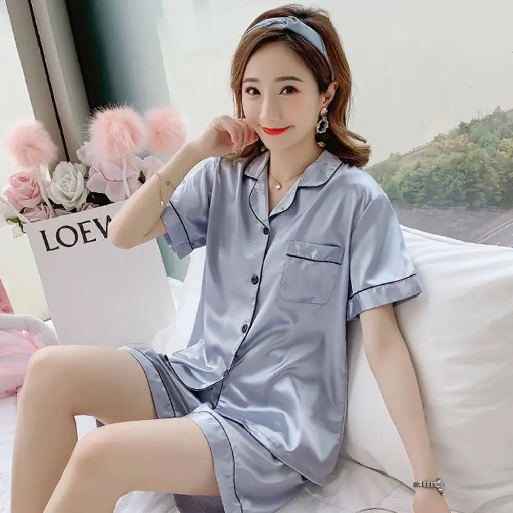 Cozy Sleepwear Imitation Silk Pajamas Solid Color Homewear Womens Pyjamas Set Satin Ice Silk Short Sleeve Nightwear Girls