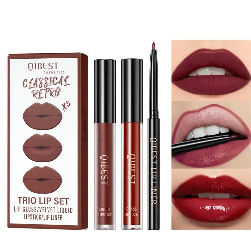 Non-stick Cup 3 in 1 Matte Lipstick & Lip Liner Set, 3pcs/set Long Lasting Easy Coloring Lip Sticks, Moisturizing Lip Kit for All Occasions Lip Makeup, Girls & Women Makeup Accessories