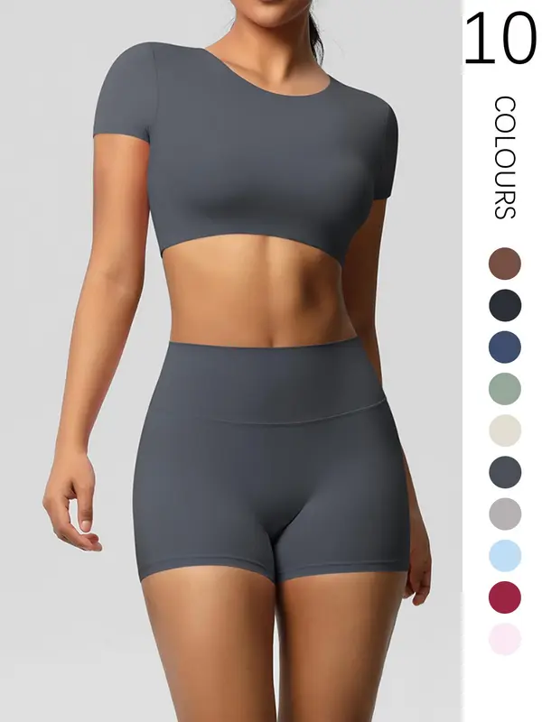 Two-Piece Set Women's Solid Ribbed Crop Top & High Waist Shorts Tracksuit Set, Breathable Comfortable Seamless for Yoga Gym Workout Running, Ladies Sportswear for All Seasons 7