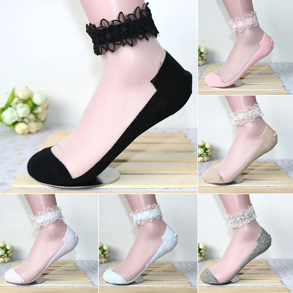 Tất Ngắn Co Giãn Cho Nữ, Tất Siêu Mỏng Trong Suốt, Ren Hoa Đẹp, Thời Trang