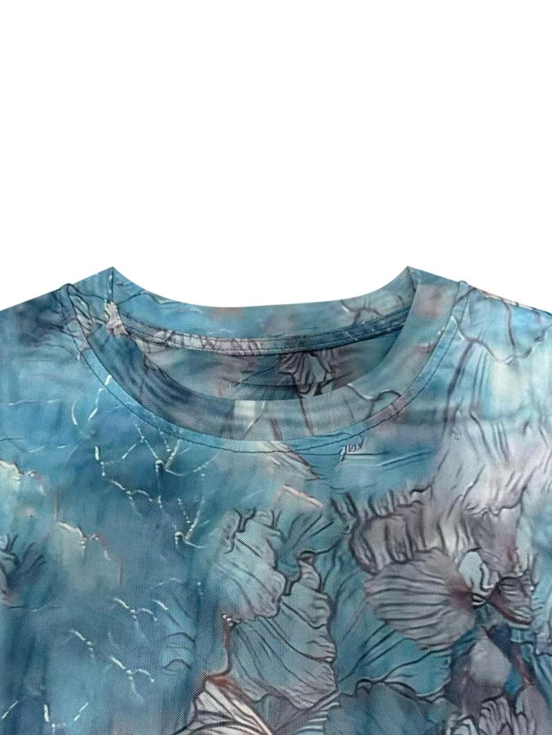 Product Introduction of Women's All Over   Print Round Neck Tee, Elegant Fashion Casual Crew Neck Top for Daily Outdoor Wear, Women Clothing for Spring & Fall 6