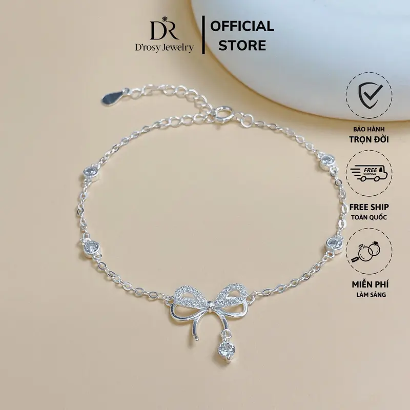 Lắc tay bạc nữ S925 D'ROSY nơ treo hạt đá nhẩy lấp lánh D'ROSY JEWELRY LT35 0