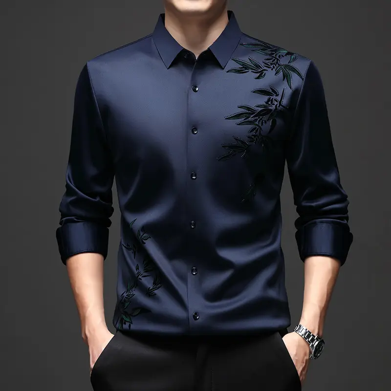 [Luxury Fashion] 2025 Men's Long-Sleeved Shirt Spring and Autumn Thin Seamless Business Leisure Iron-Free Elastic Thin Shirt