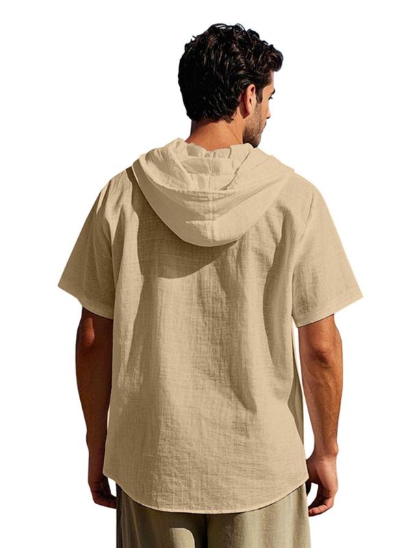 Men's Solid Color Thin Breathable Linen Shirt, Casual Short Sleeve Hooded Top for Summer, Fashion Men's Clothes for Daily Wear, Gamis 8