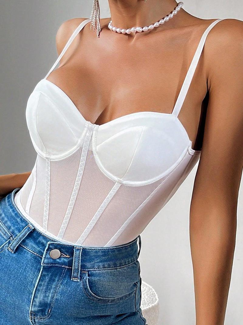 Product Introduction of Women's Solid Color Sheer Corset Bodysuit, Fashionable Sleeveless Bodysuit for Daily Wear, Clothes for Women 3