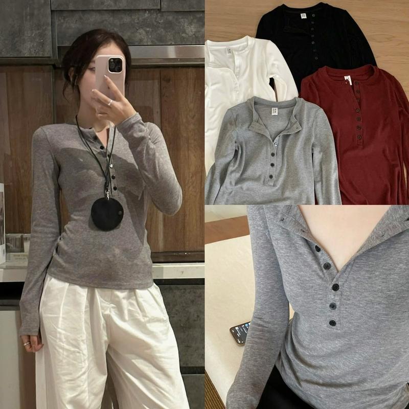 (ẢNH OLDSCHOOL) Áo THUN ÔM len mịn tay dài cài cúc mở A6030