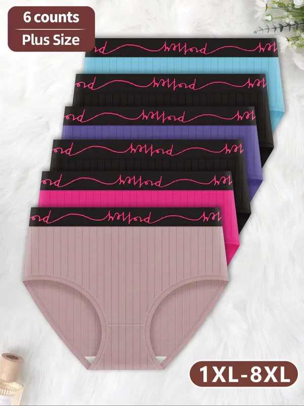 【Plus Size】 Letter Tape Mid Waist Panty, Regular Fit Soft Comfy Breathable Knicker for Daily Wear, Curvy Women's Underwear for All Seasons, Womenswear 2