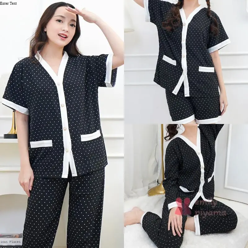 EMILY PIYAMA Baju Tidur Set Piyama Model Dot Putih Satin Kancing Depan Fit Pakaian Tidur Wanita Dewasa 0