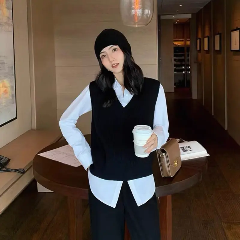 rompi sweater hitam polos cewek ala korea oversize v-neck rajut atasan cewek old money kasual serbaguna s-xl 2