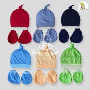 TOPI SET SARUNG TANGAN KAKI BAYI KATUN WARNA POLOS BAYI NEWBORN BARU LAHIR COWOK CEWEK
