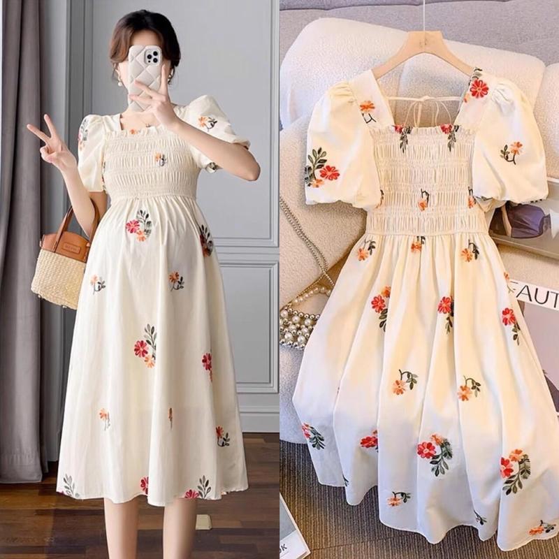 Váy bầu Xinh nhẹ nhàng công sở hoa nhí tay bồng ngực co dãn thoải mái、đi làm đi tiệc du lịch. Váy bầu mặc đi tiệc