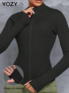 YOZY-GOOO Zip Up Thumb Hole Jacket, Comfy Solid Sporty Long Sleeve Stand Collar Sports Outerwear, 2024 Women's Daily Wear for Autumn & Winter