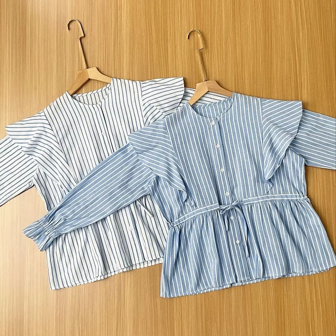 Blouse salur katun kancing depan serut pinggang Katun Setrip