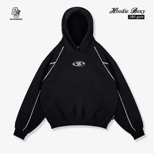 Ootdsupply Hoodie Boxyfit List Neocore Embroidery Black Baju Pria Oversize Soft Cotton Fleece 280-300gsm Unisex HDBXE