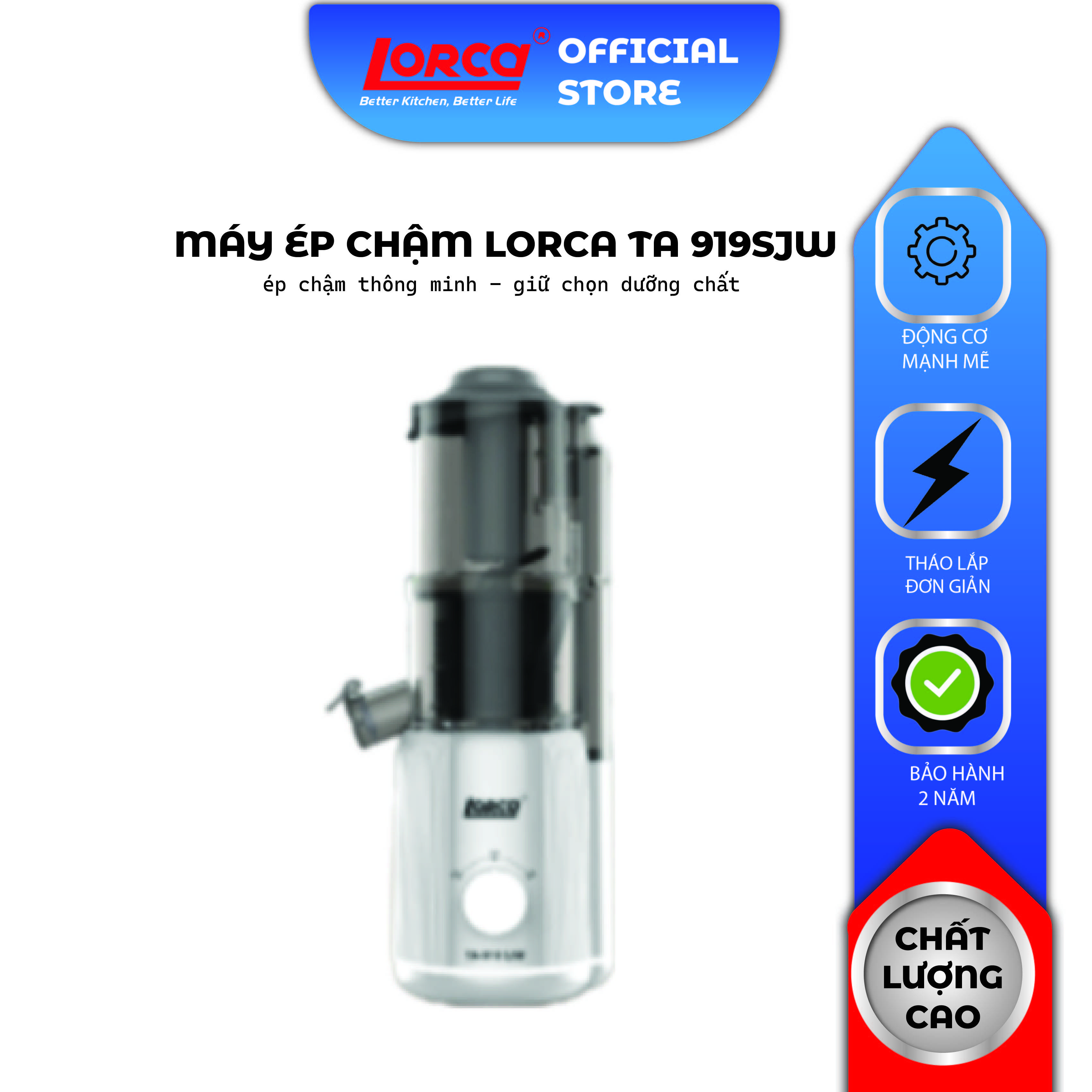 Máy ép chậm Lorca 919SJW ép hoa quả trái cây rau củ kiệt nước tới 98% - Giữ trọn dinh dưỡng - Công suất 200W- Nhỏ gọn