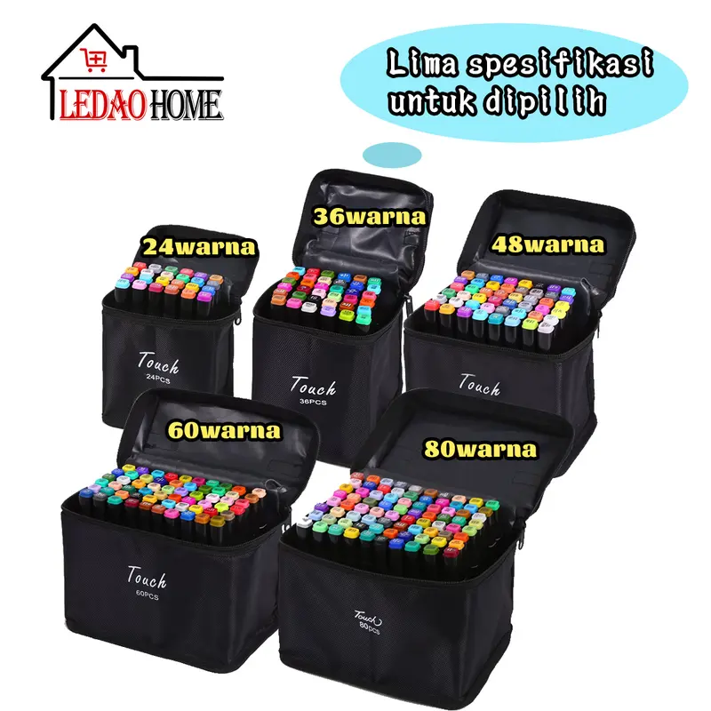 LEDAOHOME 2 in 1 Spidol dan Stabilo Touch Isi 24/36/48/60/80 Warna Dual Side Fine Art Brush Pen Sketsa 1