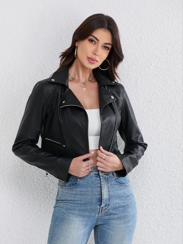 Women's Solid Color Lapel Collar Zipper PU Leather Crop Jacket, Street Fashion Long Sleeve Button Outerwear for Daily Outdoor Wear, Ladies Clothes for All Seasons 2