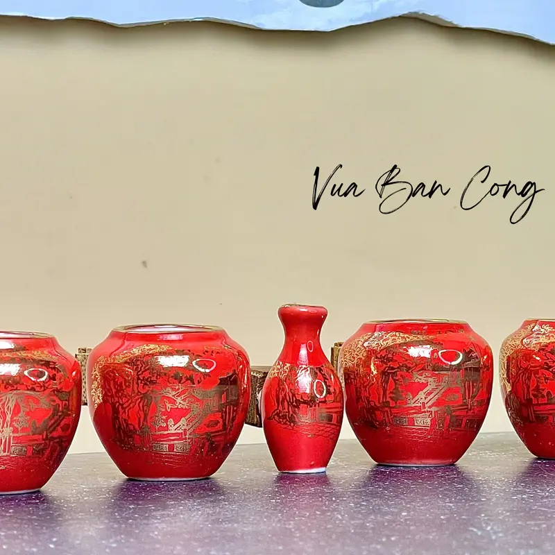 Cóng sứ chim khuyên đỏ dát vàng - Bát Tràng - viền kim, men trắng (Cóng chim decal) 4