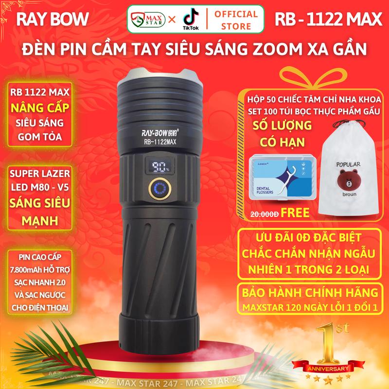 Đèn pin siêu sáng RAY BOW 1122 MAX chiếu xa 700 mét có ZOOM sáng xa gần chống nước sạc ngược cho điện thȯại