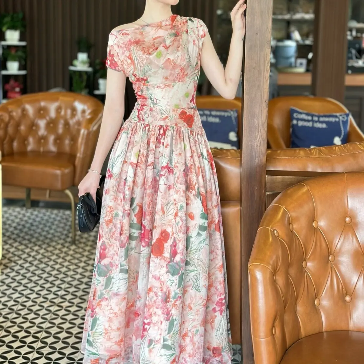 Maxi tơ lệch vai ( màu và hoa 3D) 3 size SML Dress Nhung Nữ