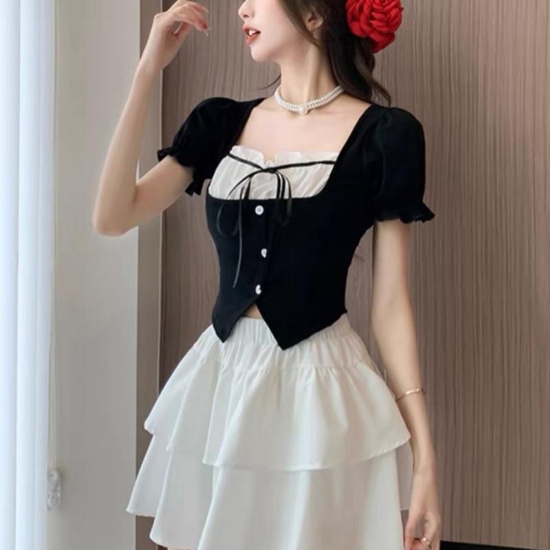 Set Bigsize 45-85kg Son601 áo kiểu cột dây nơ và chân váy 2 tầng có bảo hộ chất cotton lạnh sét đồ