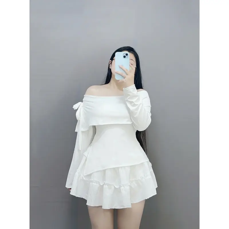 Set Bộ Trễ Vai Tiểu Thư Bigsze Nữ Tay Dài Buộc Nơ Sành Điệu Chất Tăm Mềm Mịn Phối Váy Ngắn Xòe Tầng Lưng Cao Vải Xốp Đũi SET942  Nhung Women set  dodientet Áo Kem 2