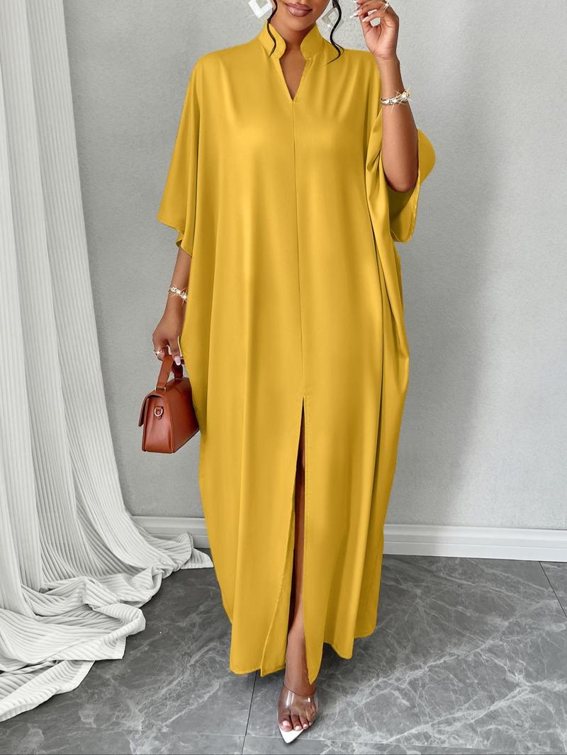 Product Introduction of Women's Plain Notched Neck Split Hem Long Dress, Elegant Fashion Casual Dress for Daily Outdoor Wear, Women Dress for Summer, Summer Dresses 2025 1